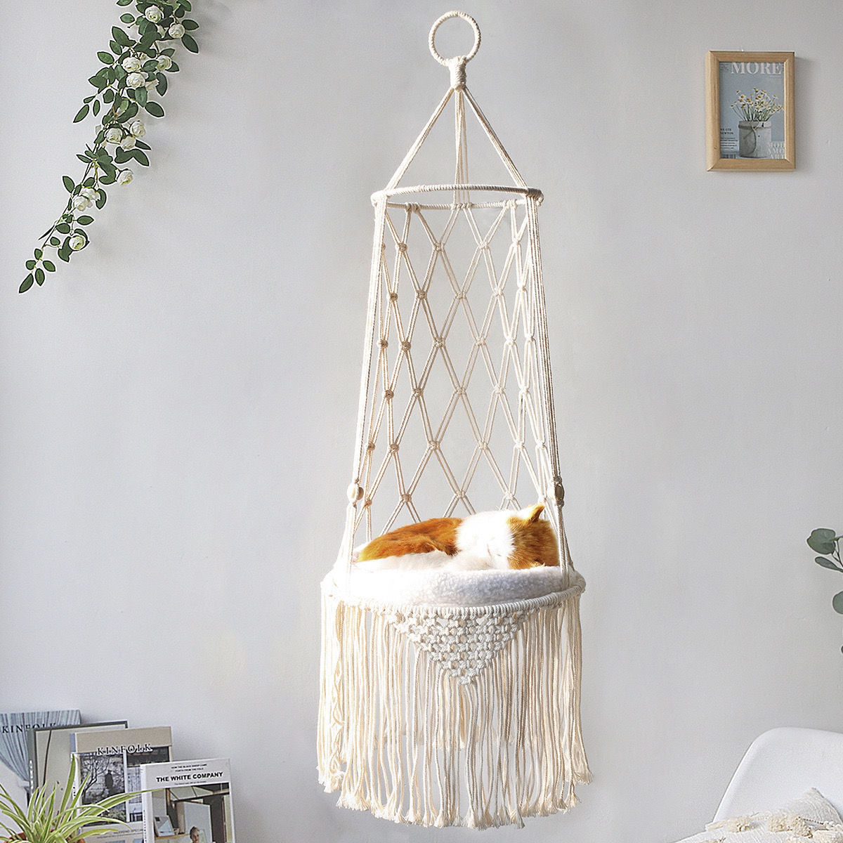 Macrame Hanging Pet Bed - Wall Mounted Cat Hammock Swing