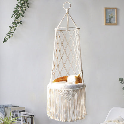 Macrame Hanging Pet Bed - Wall Mounted Cat Hammock Swing