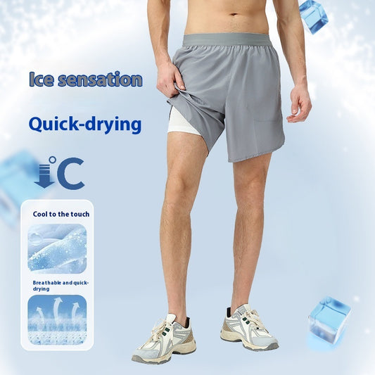 Fake Two Pieces Workout Shorts Men And Women Couple Outdoor Breathable Thin Ice Silk