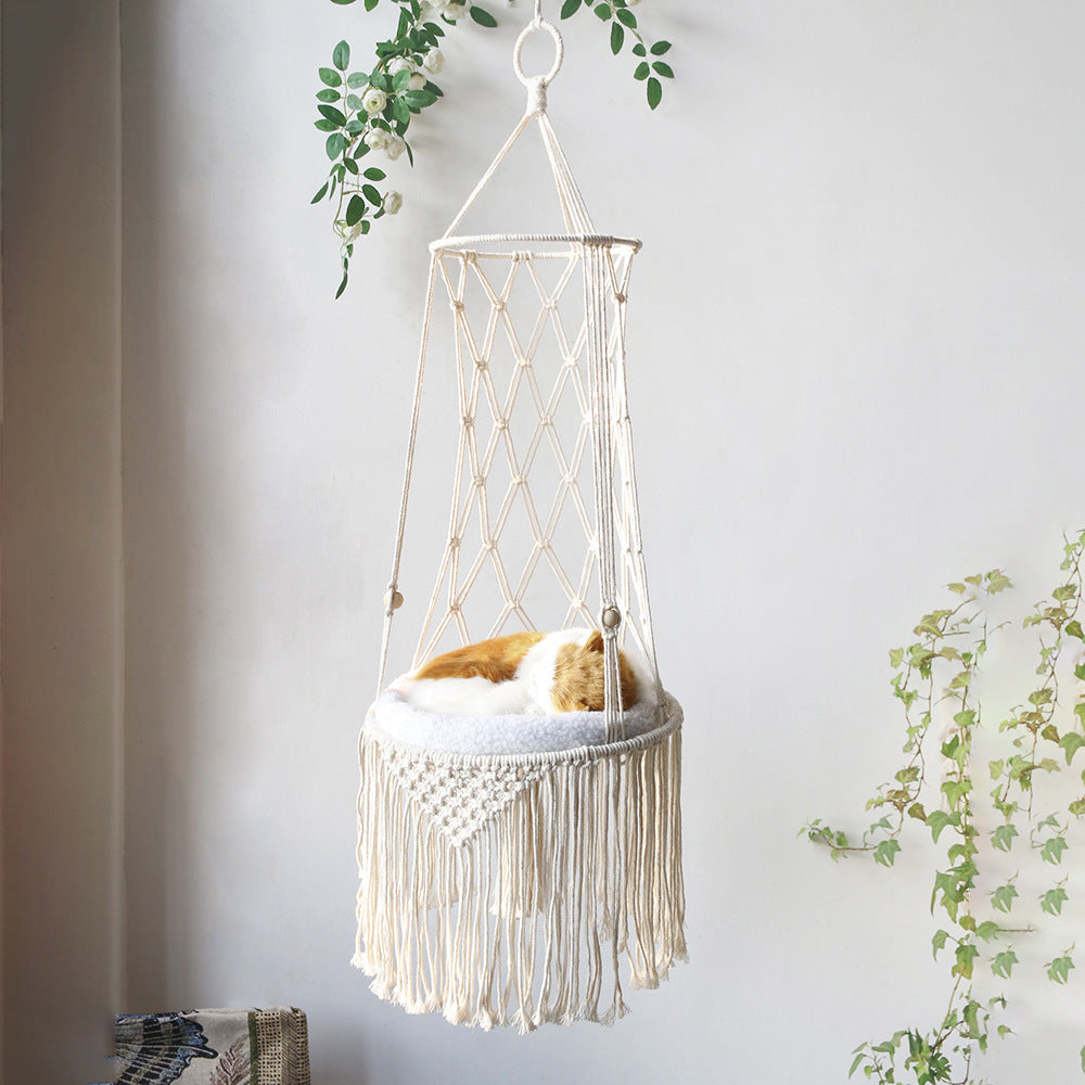 Macrame Hanging Pet Bed - Wall Mounted Cat Hammock Swing